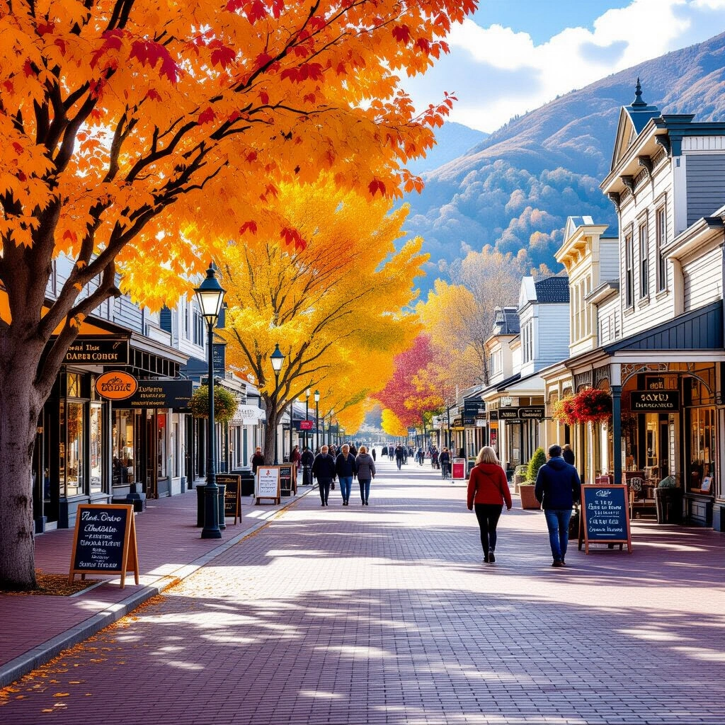 Historic main street in Arrowtown with autumn colours and boutique shops