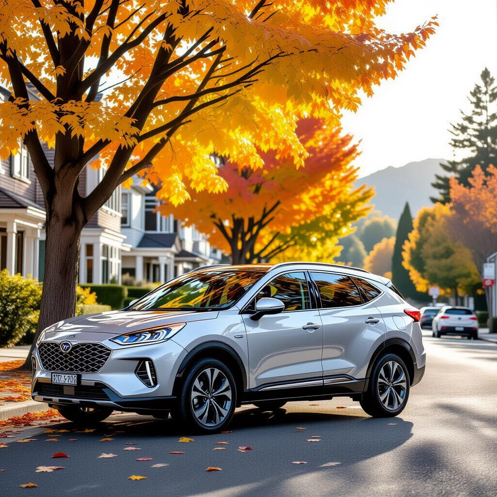 SUV rental car parked near Auckland with autumn leaves