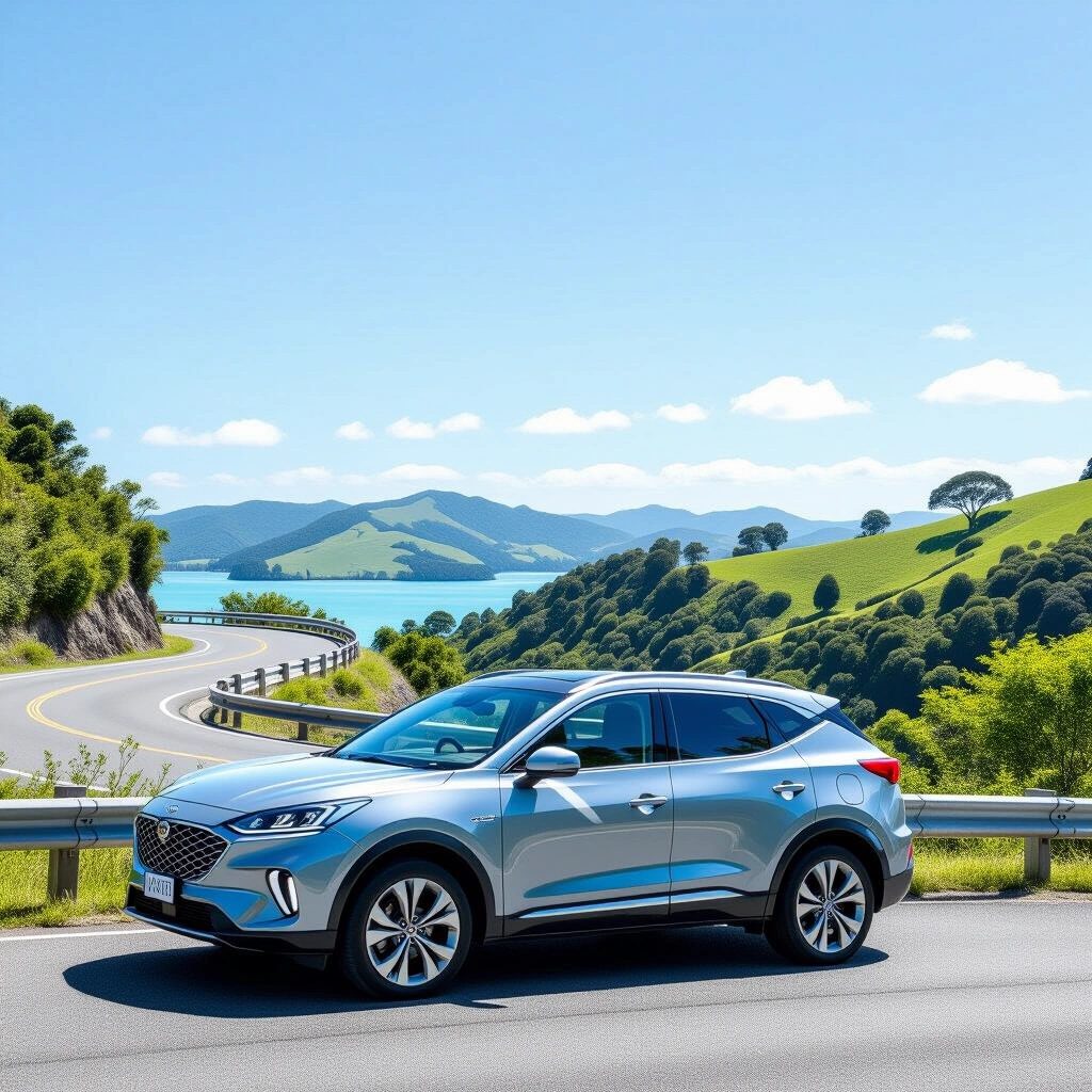 SUV rental car parked by a scenic New Zealand road