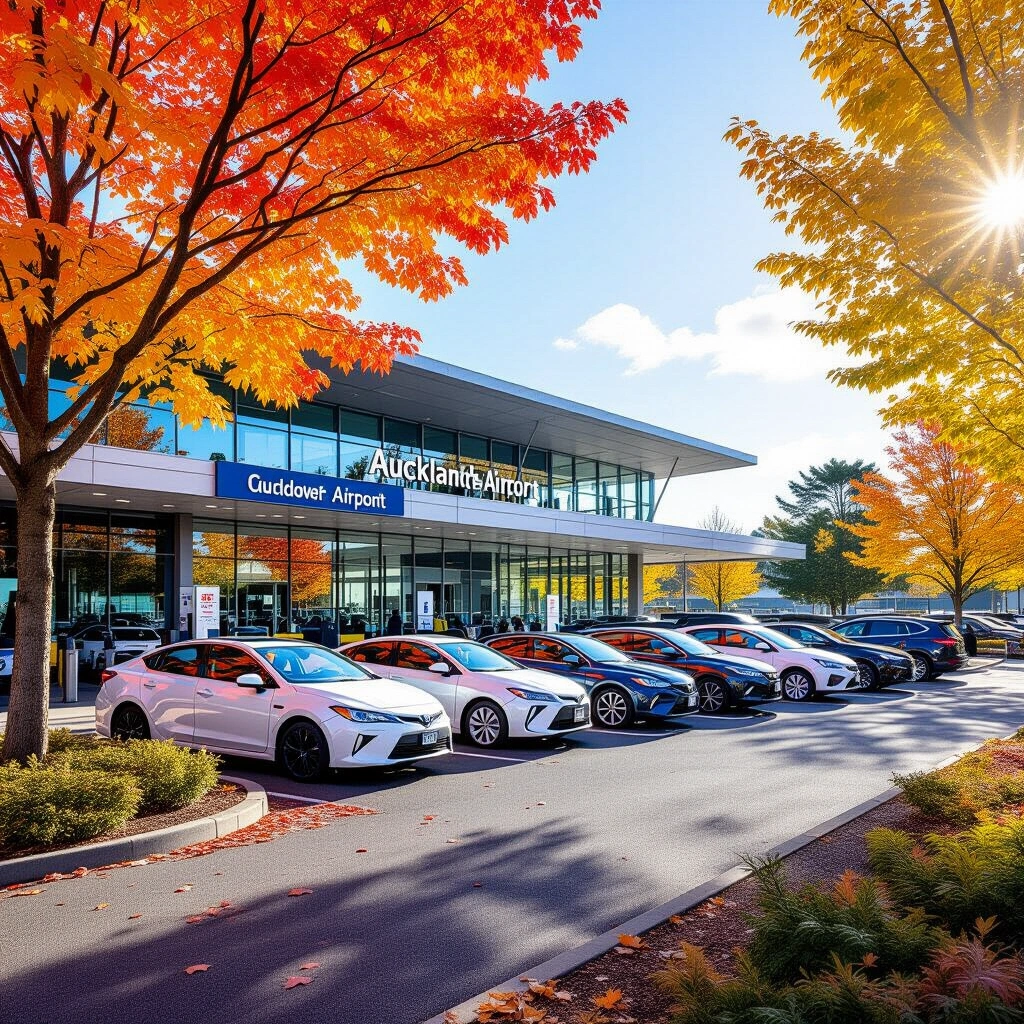 Car rental counter at Auckland Airport with autumn leaves in the background