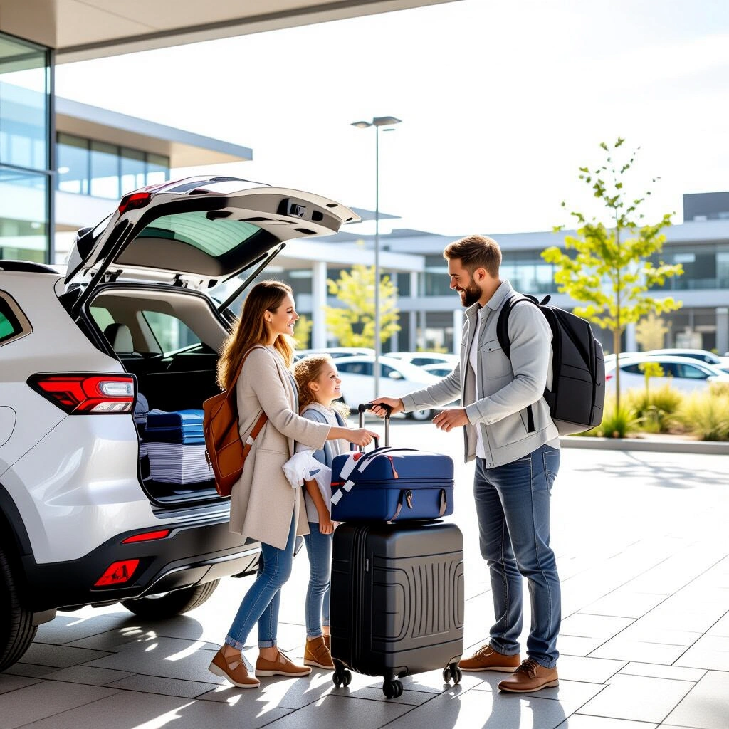 Happy family with rental car outside Auckland Airport ready for trip