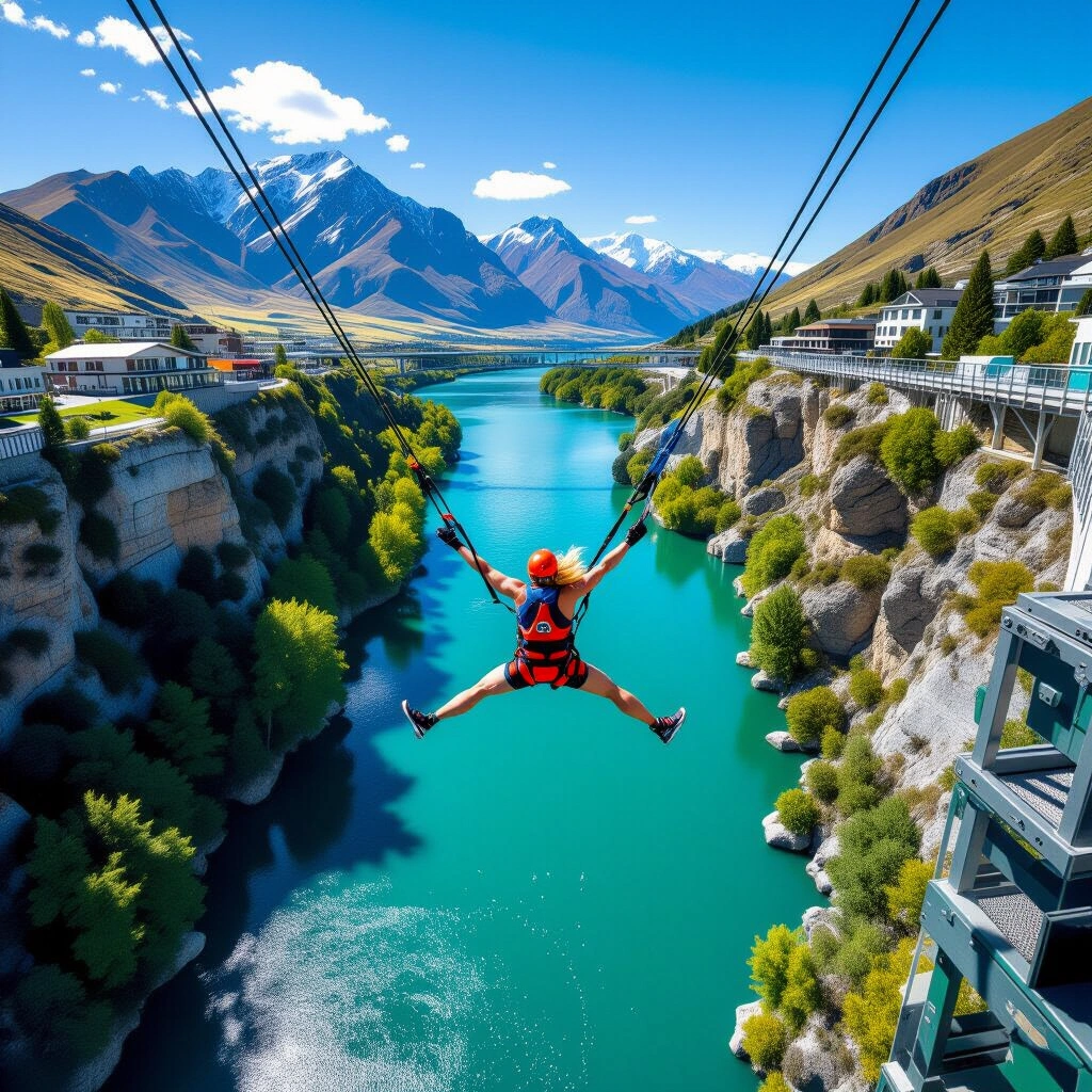 Thrill-seeker mid-jump at Kawarau Bridge Bungy near Queenstown