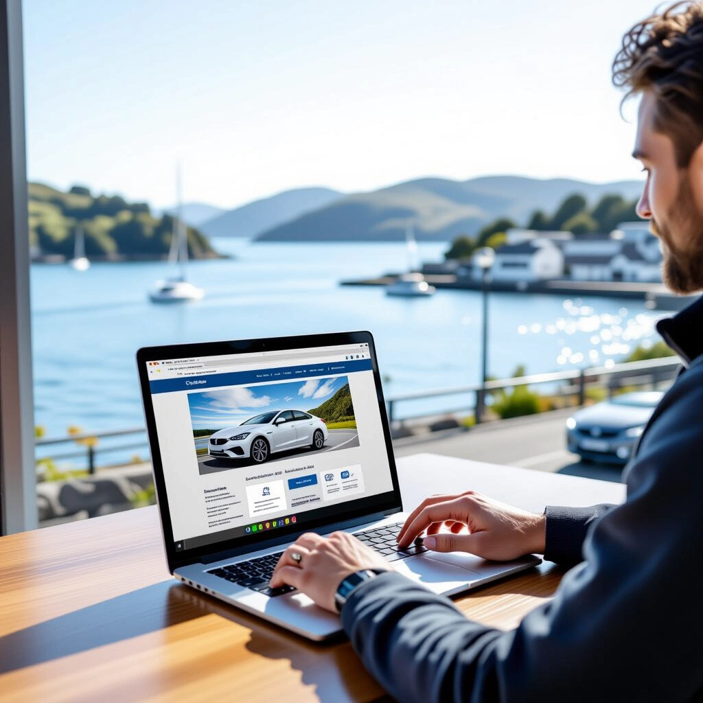 Person booking rental car online with laptop near Picton