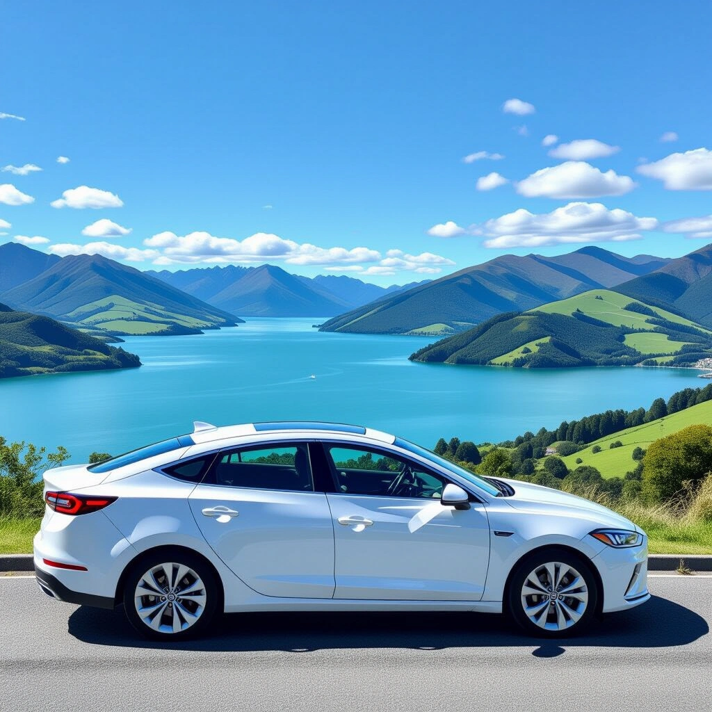 Hybrid rental car parked with Marlborough Sounds background