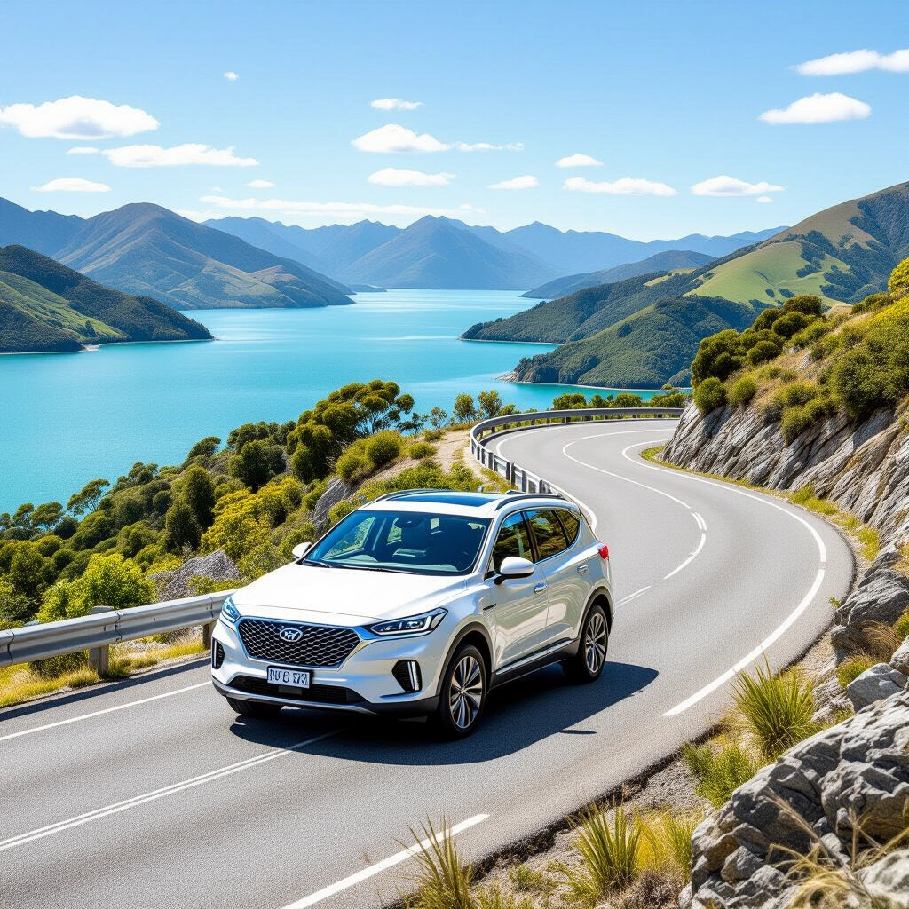 SUV rental car driving on scenic Marlborough Sounds road near Picton