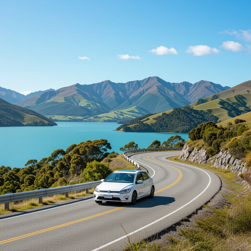 Car driving on winding road near Picton with scenic hills