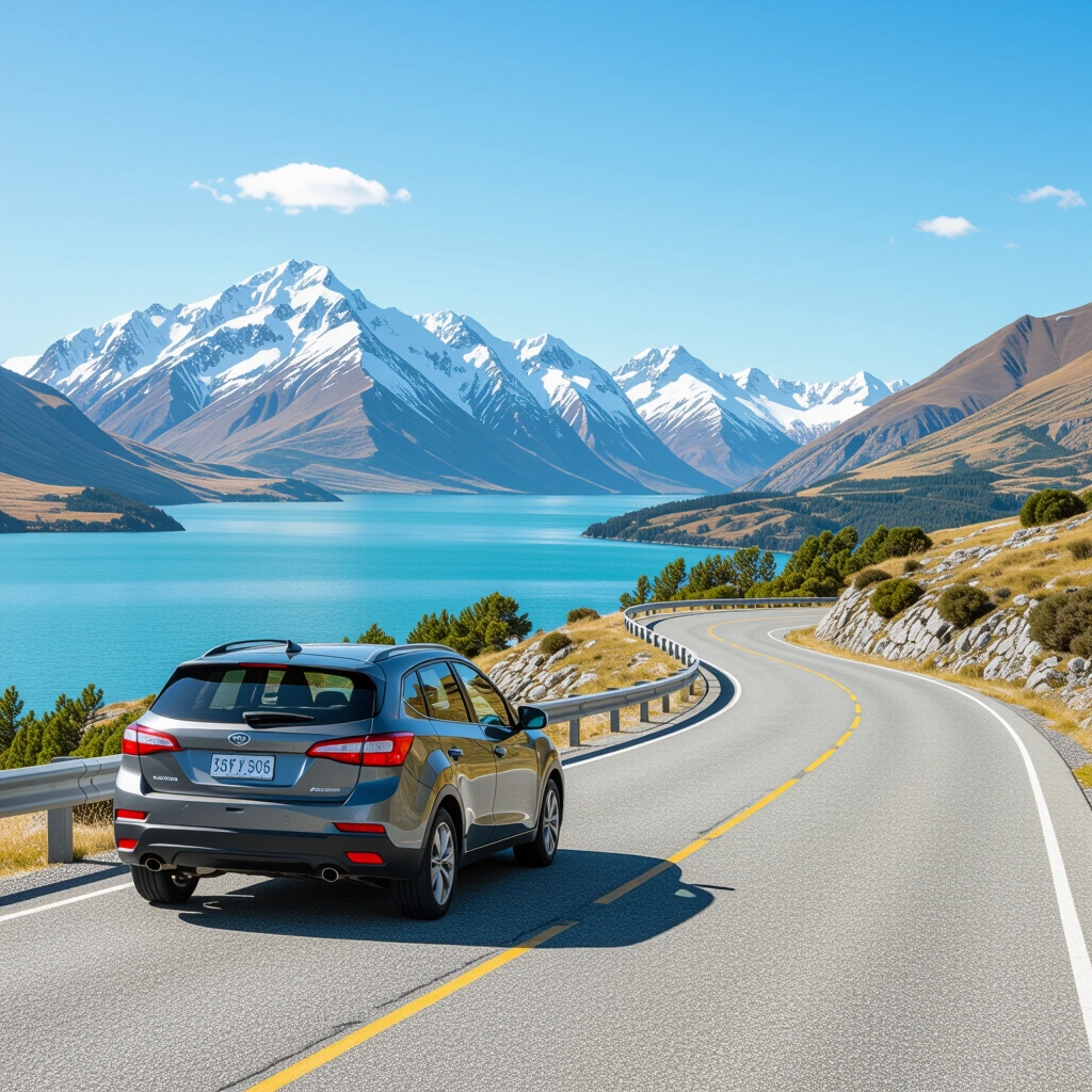 Rental car driving on scenic winding road near Queenstown with mountains in background