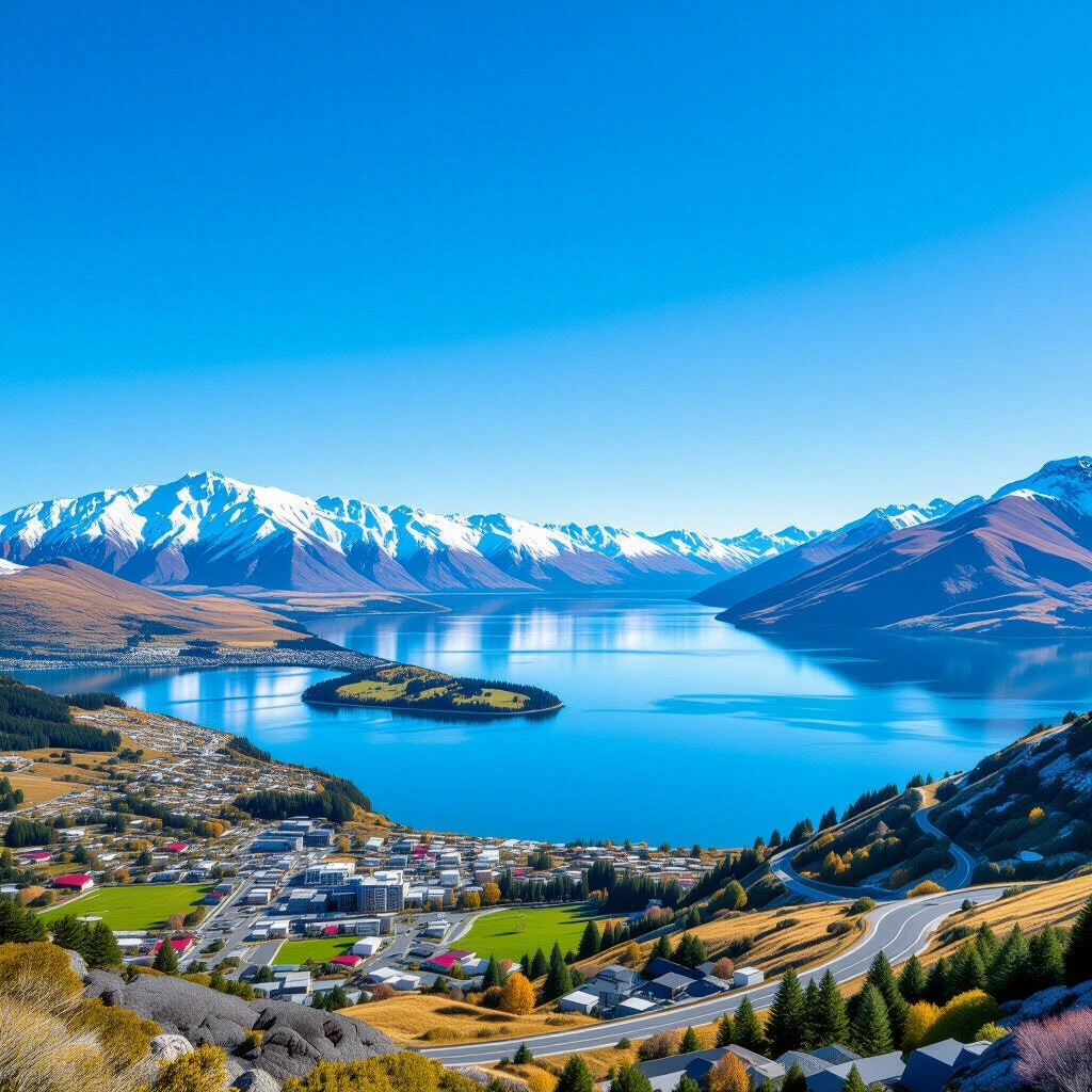 Panoramic view of Lake Wakatipu and surrounding mountains in Queenstown