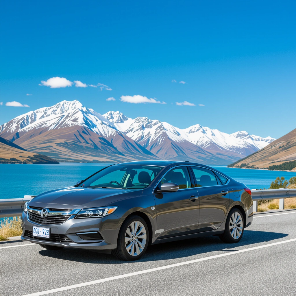 Reliable rental car parked ready for a Queenstown road trip with mountains in background