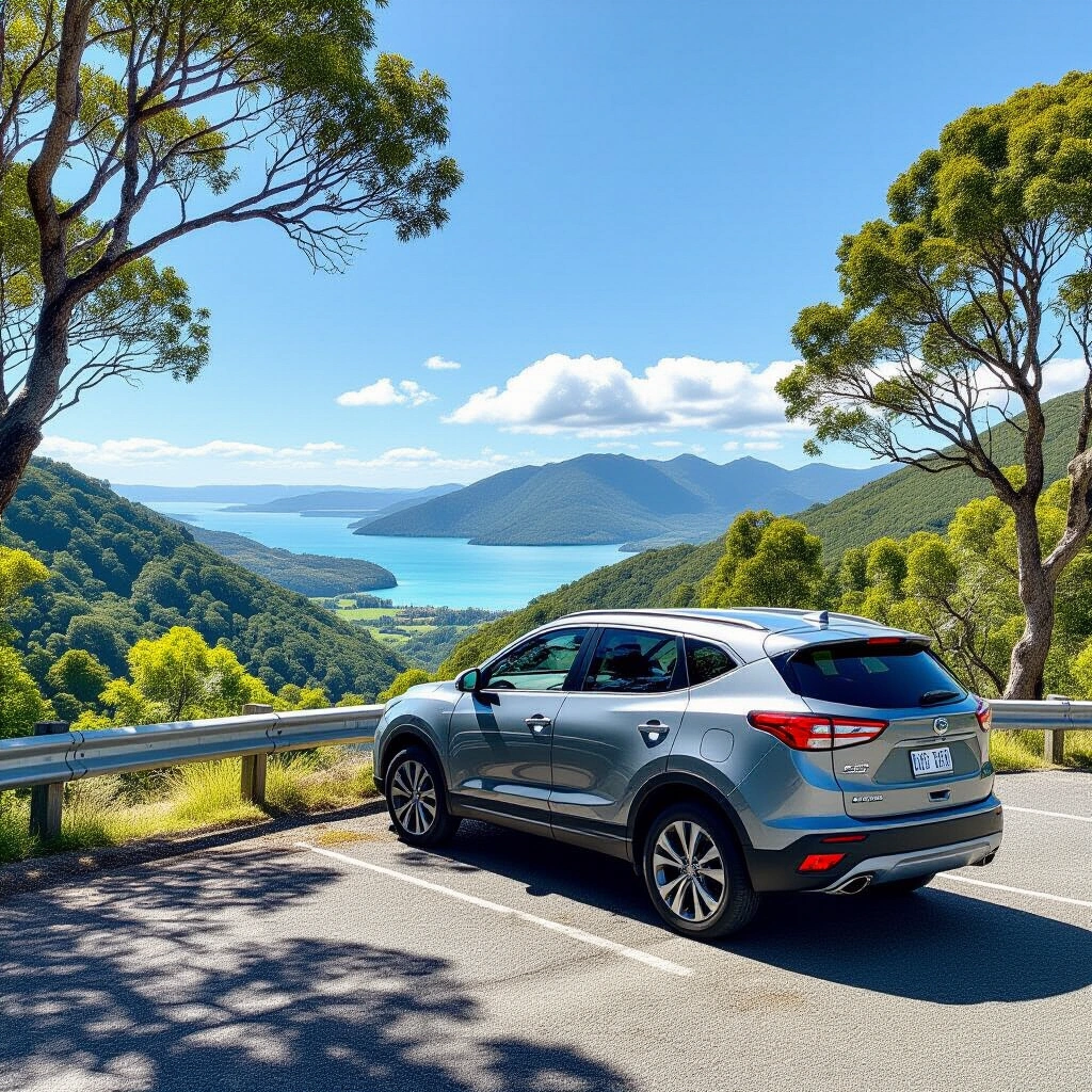 SUV rental car parked near scenic viewpoint in Northland, New Zealand