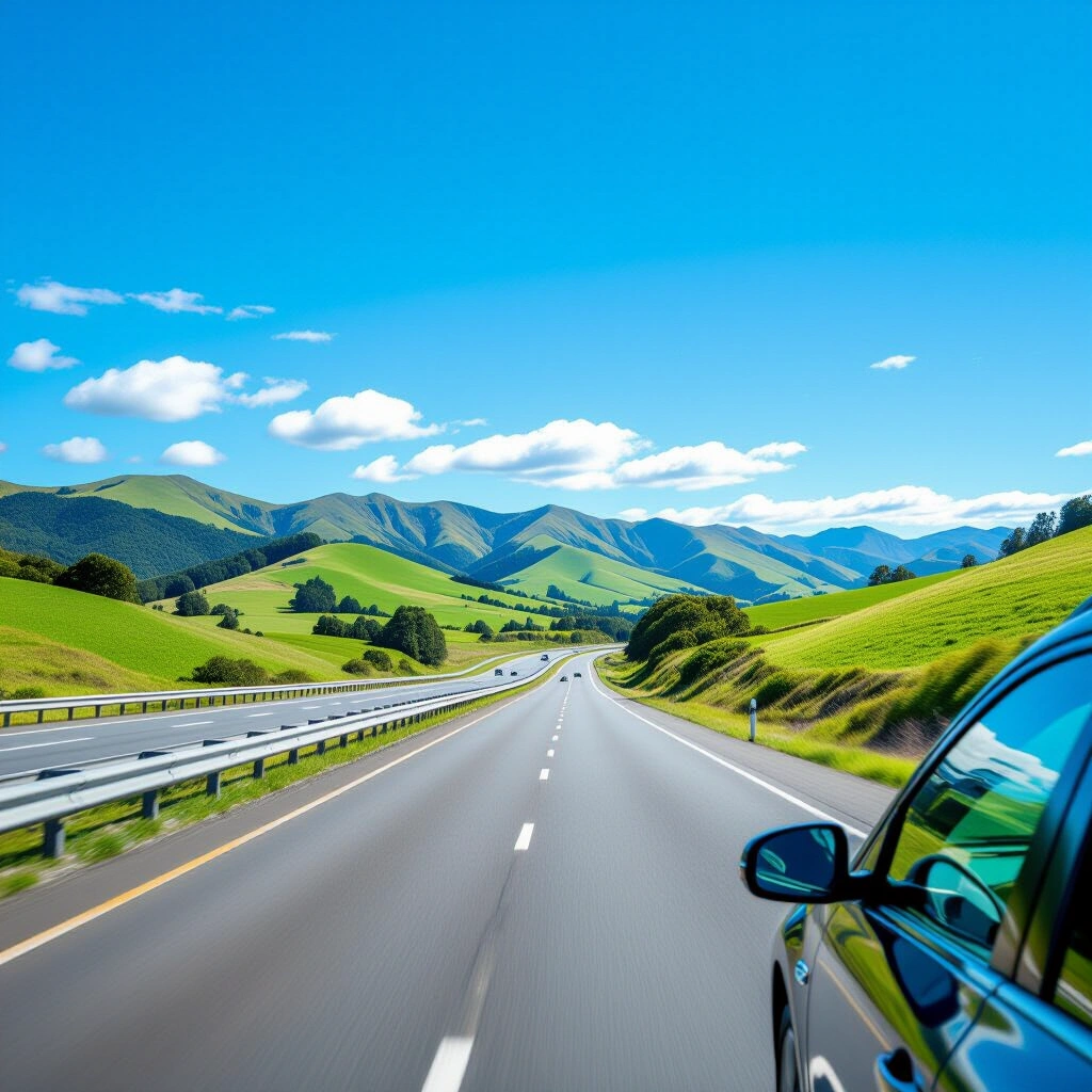 Scenic SH1 highway drive towards Whangarei with rolling hills and clear sky