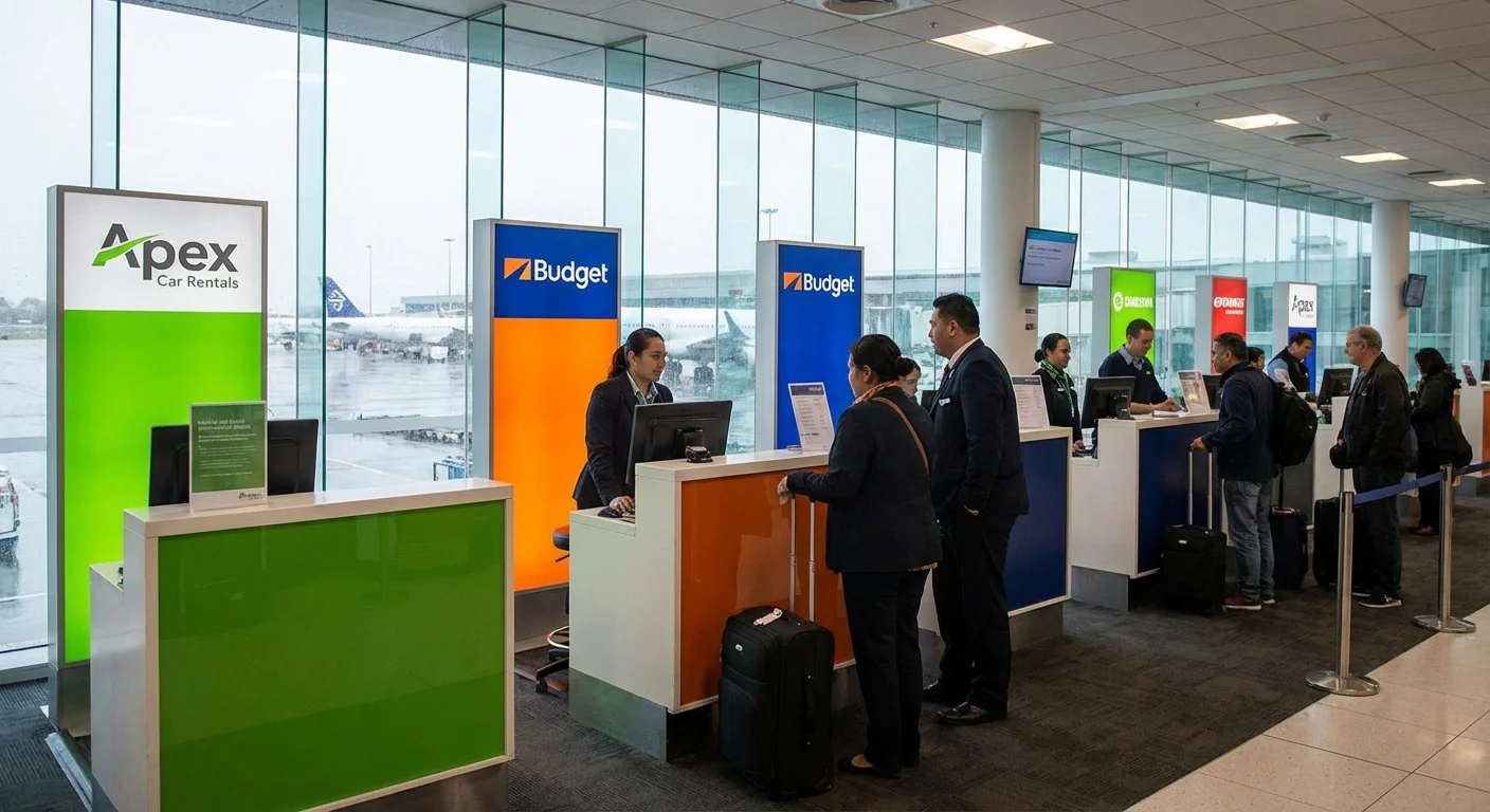 Small rental car parked outside Auckland Airport terminal