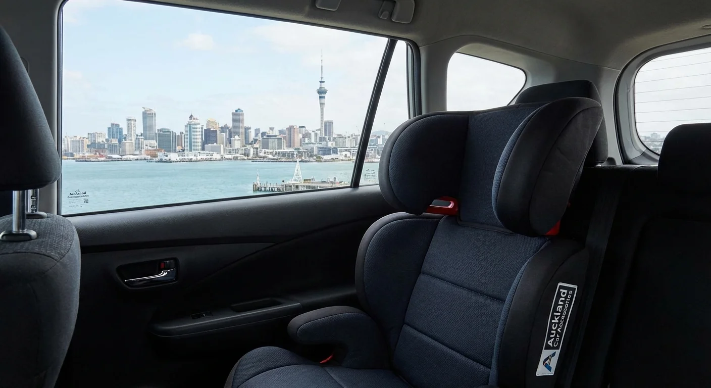 Child secured in a booster seat inside a rental car in Auckland
