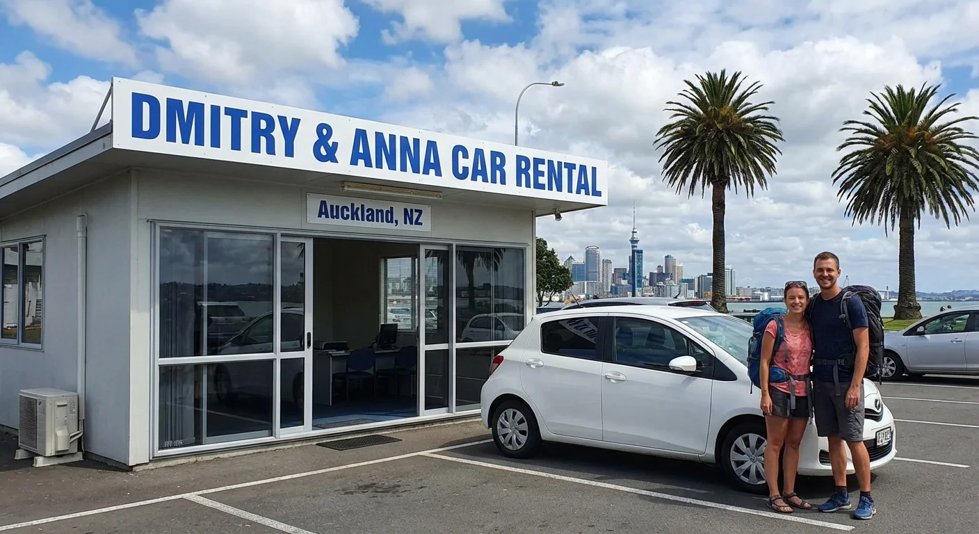 Rental car ready for Auckland to Lake Taupō road trip with smiling local owners Dmitry and Anna