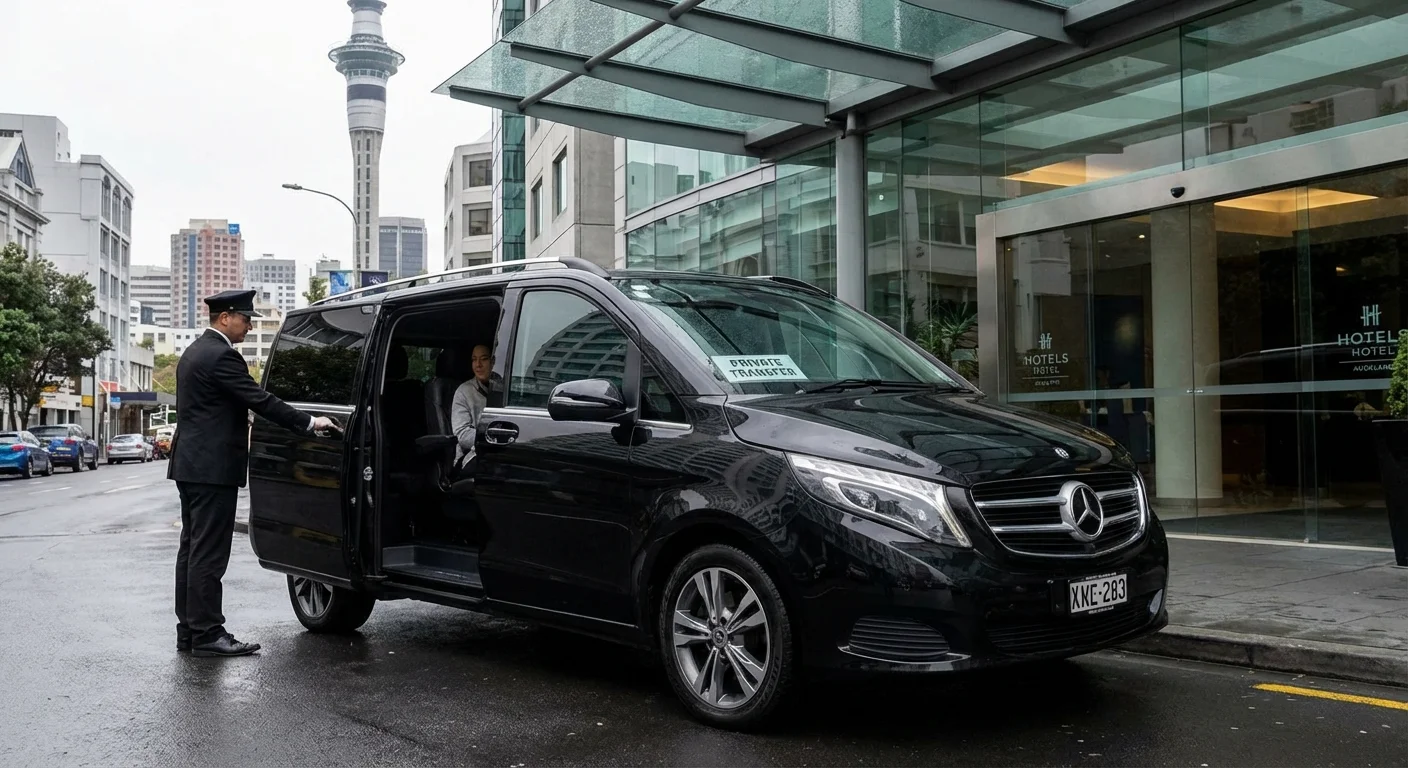 Private transfer vehicle parked near Auckland City landmarks