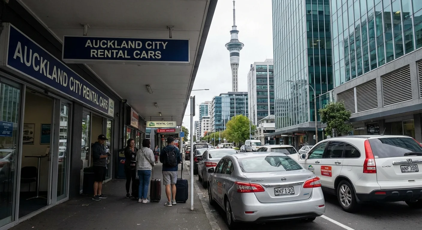 Couple picking up a rental car in Auckland with right-hand drive