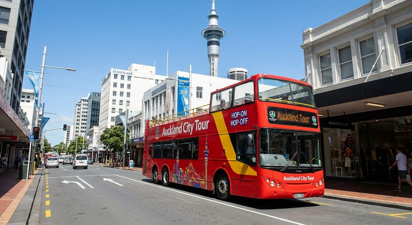 Tour bus in downtown Auckland with city skyline backdrop