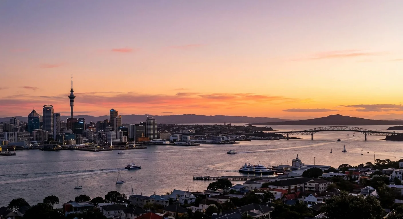 A panoramic view of Auckland Harbour with the Sky Tower in the background