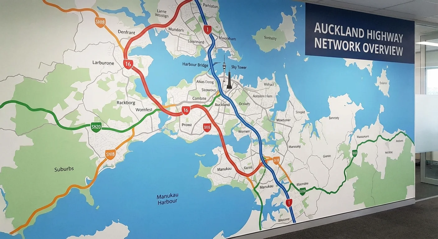 Map showing Auckland highways including State Highway 1, 16, and 20