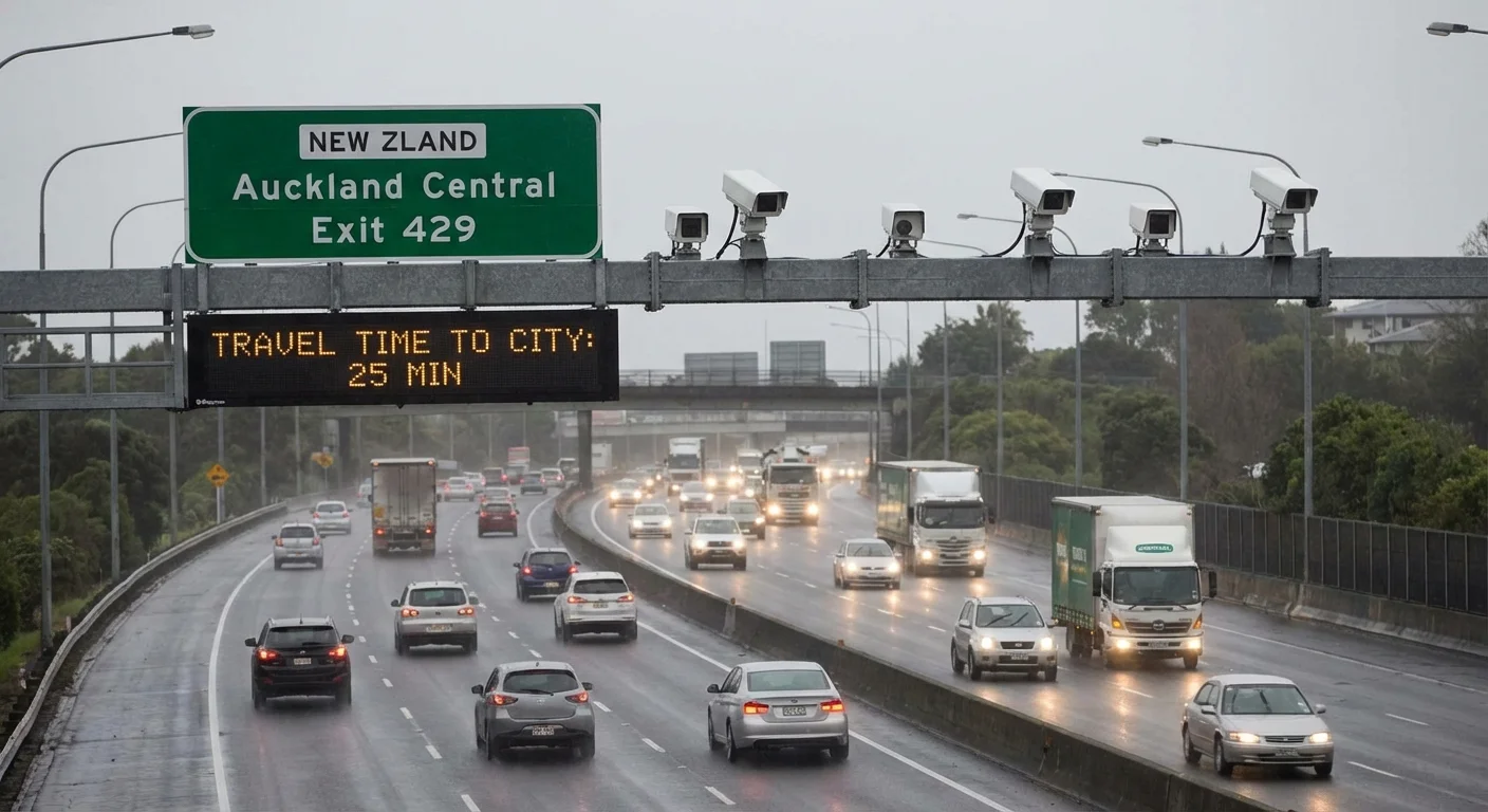 Traffic camera monitoring busy Auckland highway during daylight