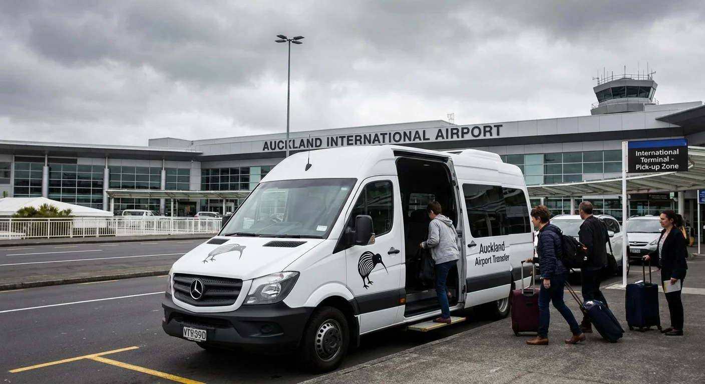 Private transfer van parked outside Auckland International Airport terminal