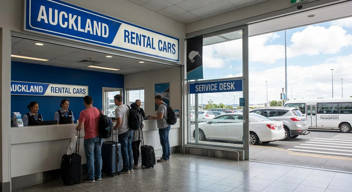 Small automatic rental car parked near Auckland city backdrop