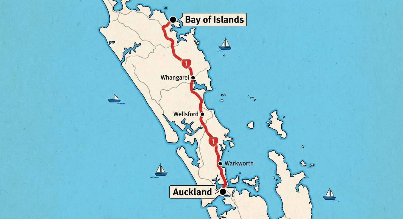 Map showing route from Auckland to Bay of Islands with key stops