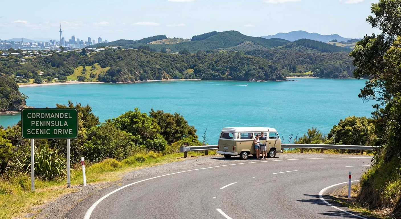 Scenic coastal road between Auckland and Coromandel Peninsula