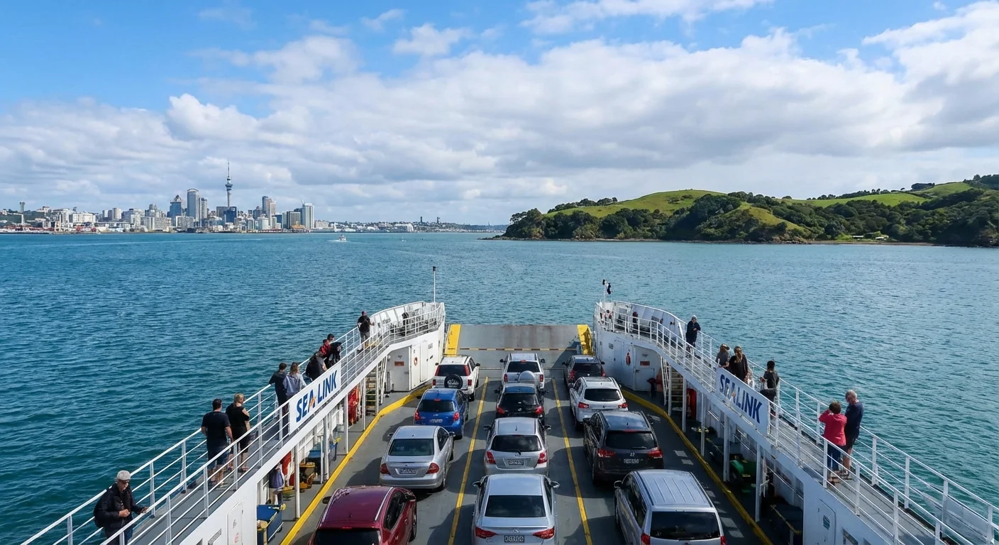 Rental car on ferry to Waiheke Island with sea and island views