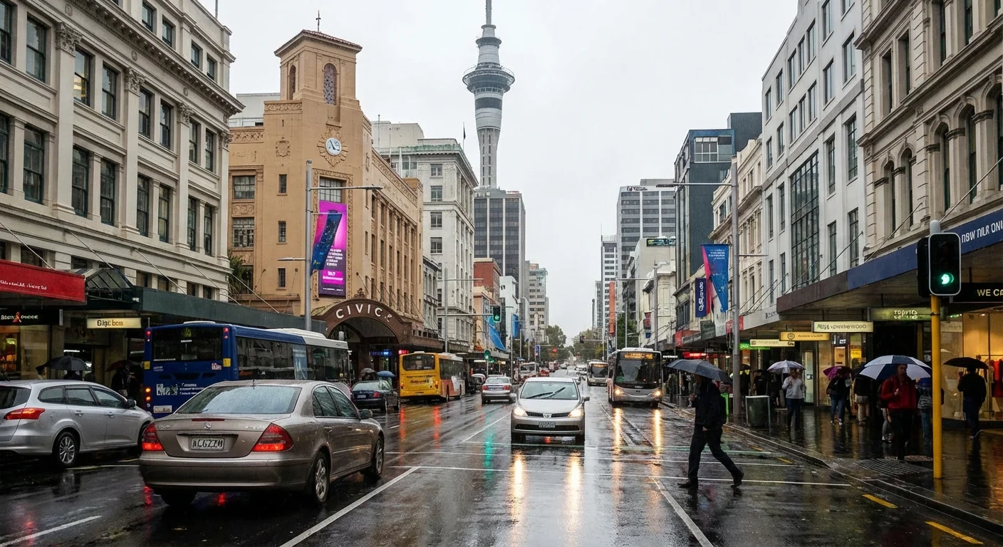 Scenic coastal road near Auckland with ocean views and greenery