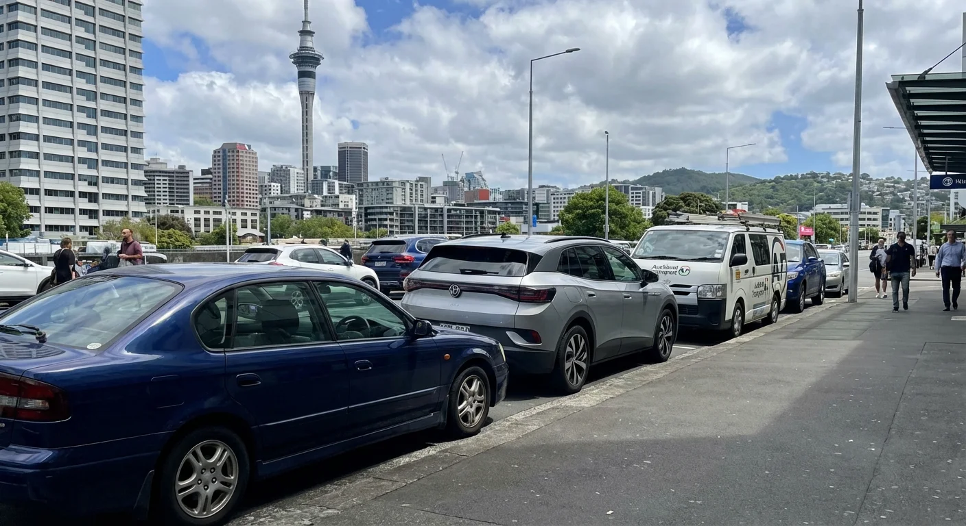 Various rental vehicles parked near Auckland International Airport including SUVs, vans, and sedans