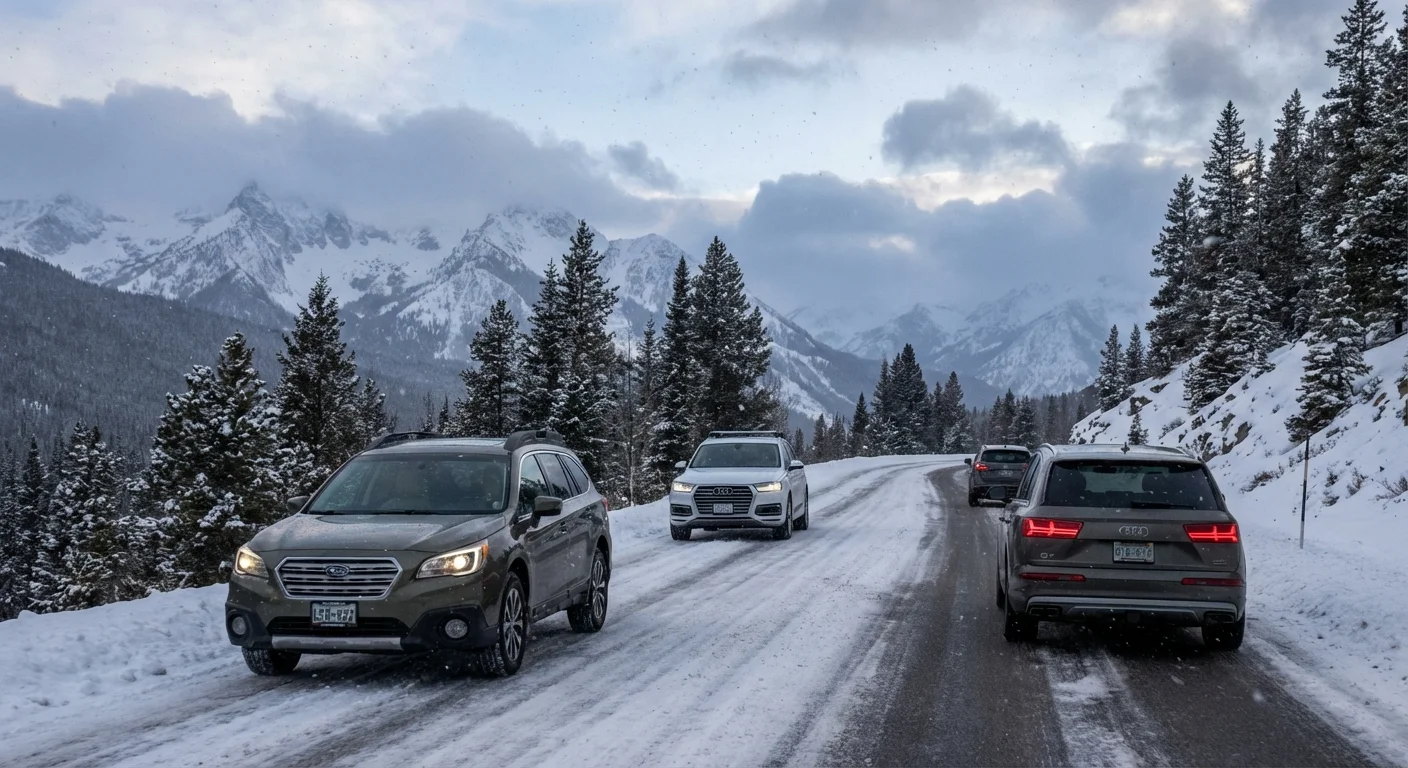 AWD vehicle driving on snowy mountain road near ski field