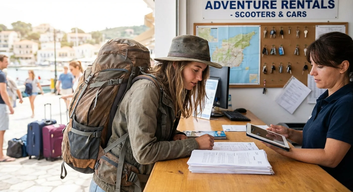 Backpacker checking rental documents and driver’s licence before car hire in New Zealand