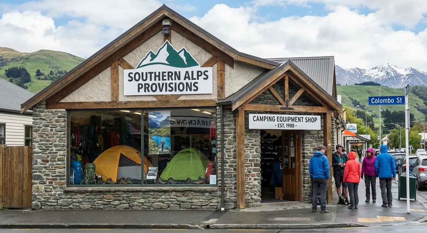 Interior of camping equipment rental shop in Christchurch with tents and gear on display