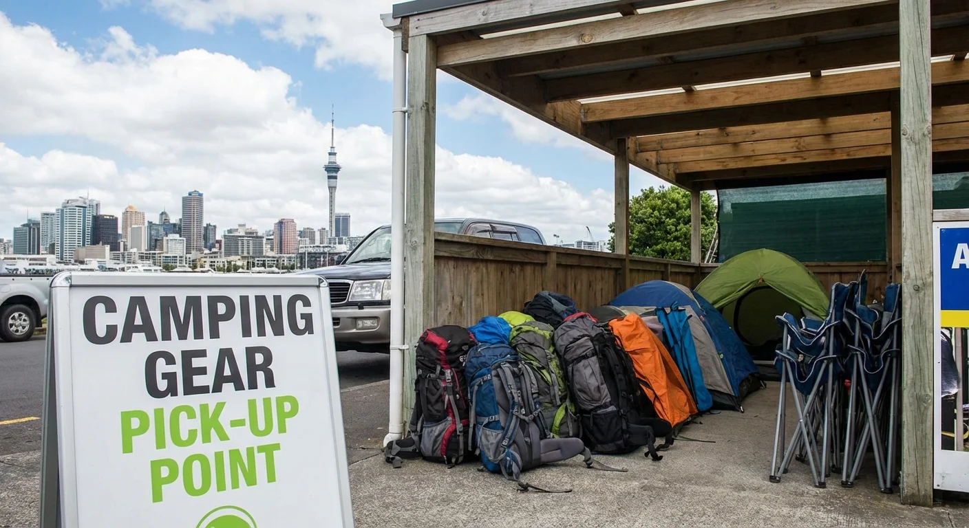 Customer picking up rental camping gear at Auckland rental shop counter