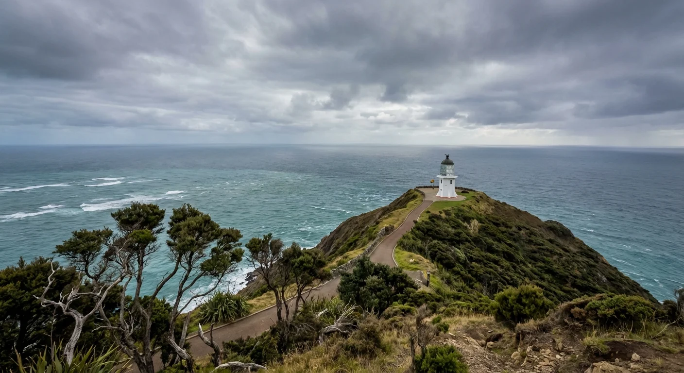 View of Cape Reinga lighthouse at the northern tip of the North Island