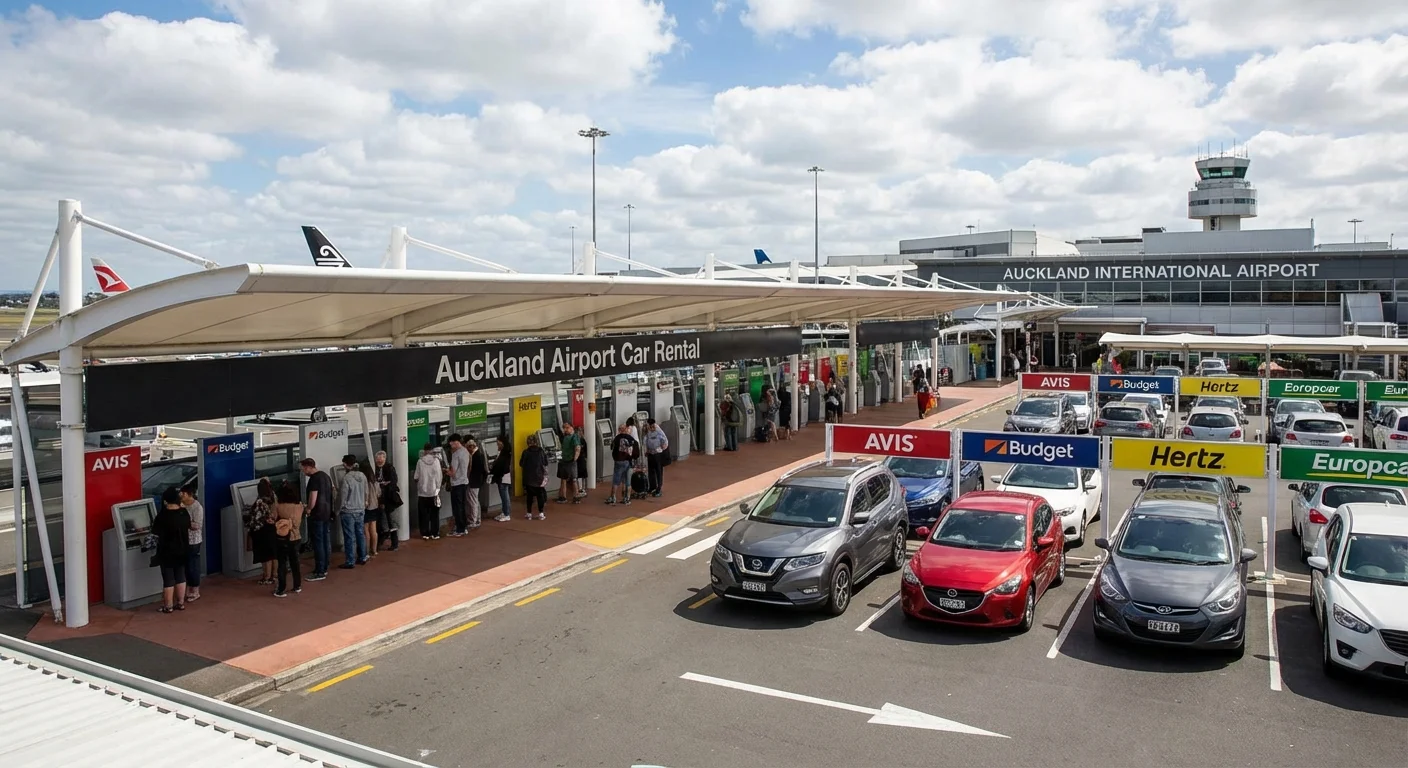Rental car counters at Auckland Airport with customers checking in