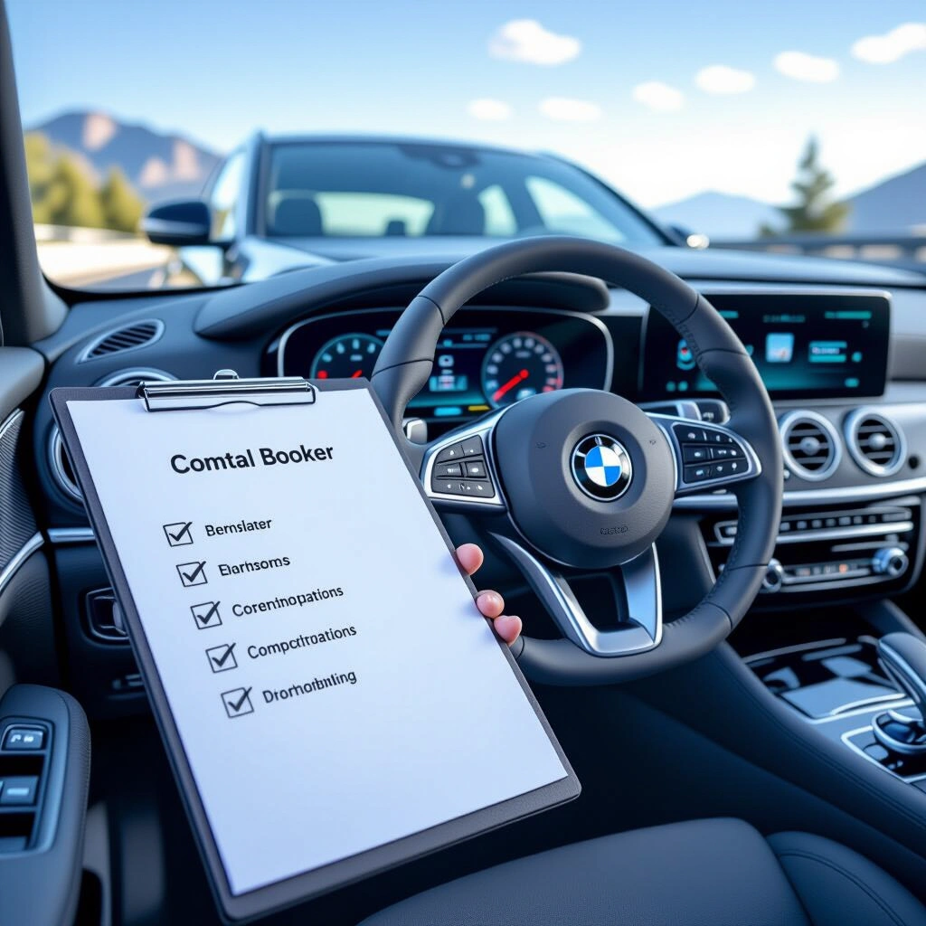 Checklist graphic showing steps to book a rental car in New Zealand