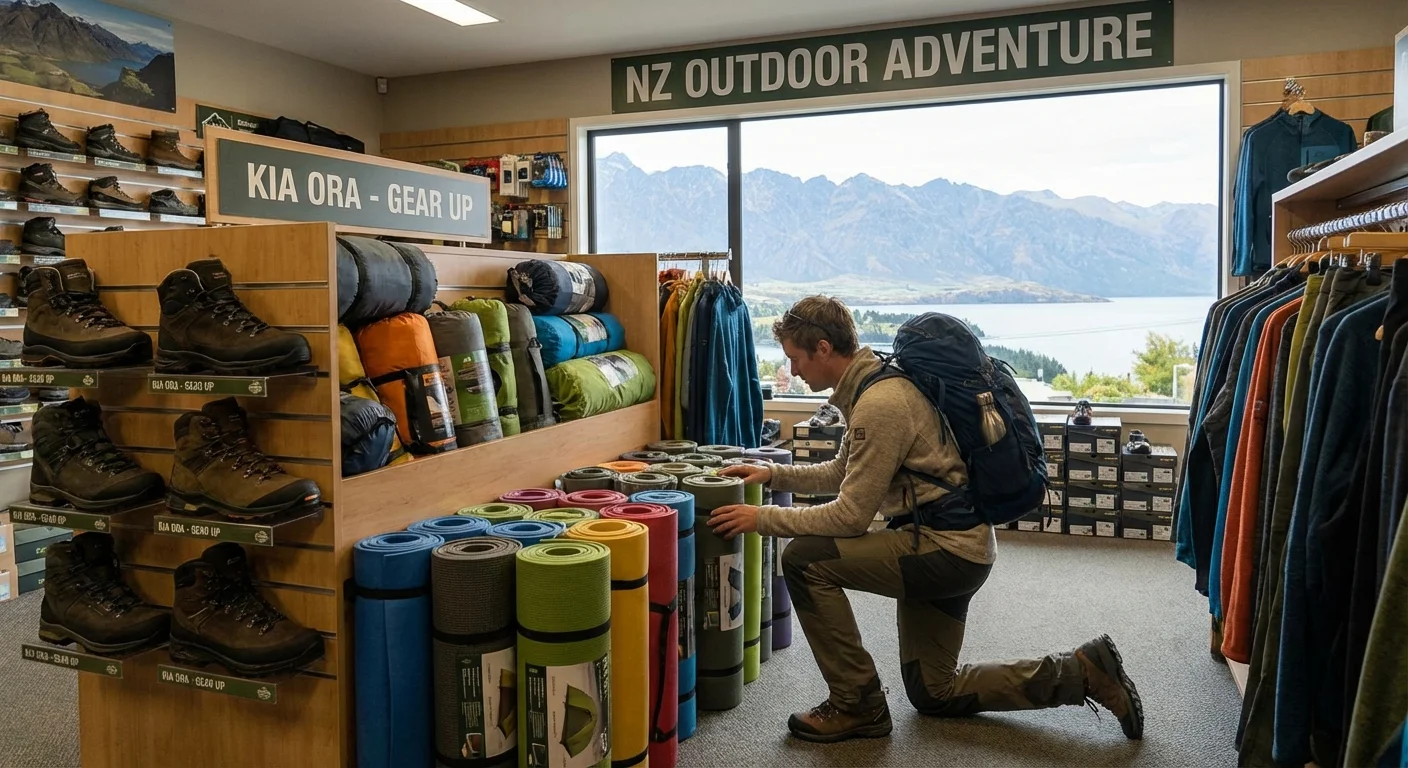 Traveler choosing between different camping tents and sleeping bags in a rental shop