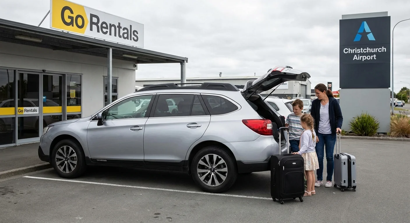 Rental cars parked near Christchurch Airport terminal with shuttle bus nearby