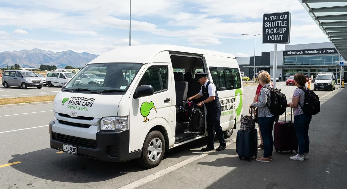 Passengers boarding shuttle bus from Christchurch Airport to rental car branch