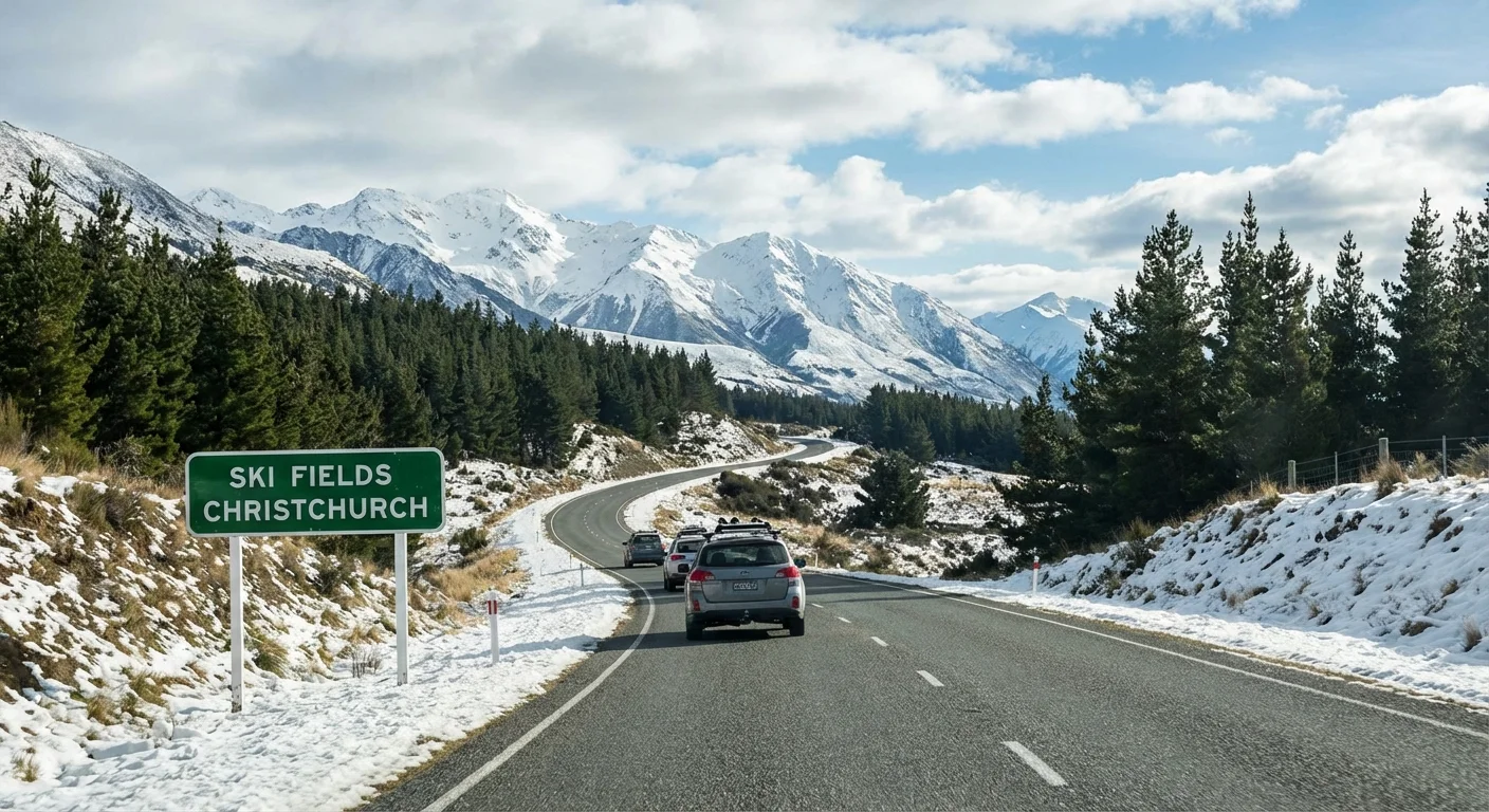 Scenic road from Christchurch to Canterbury ski fields with snow-covered mountains