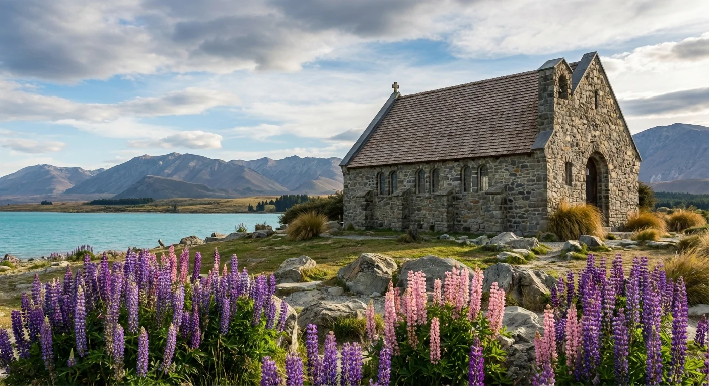 The Church of the Good Shepherd with turquoise Lake Tekapo and mountains behind