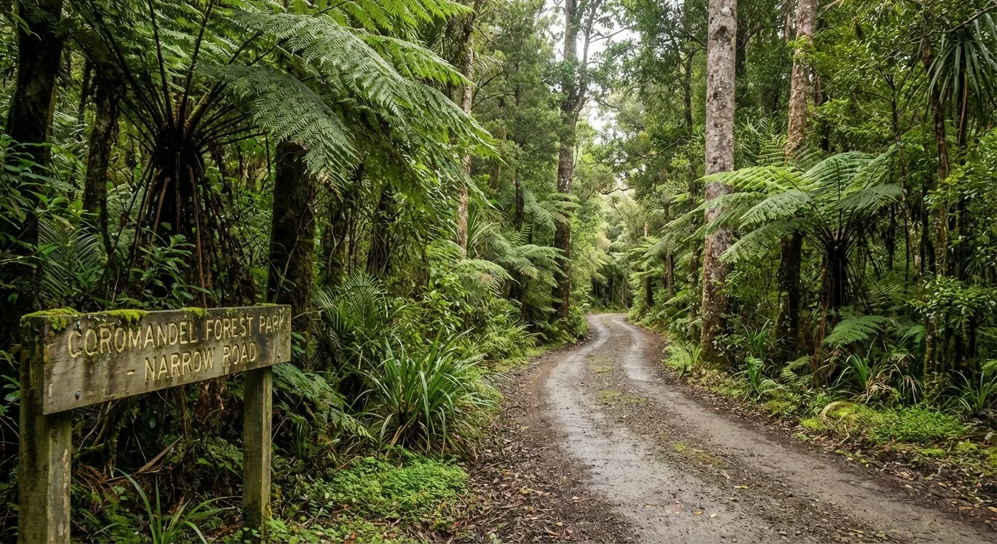 Narrow winding road through native kauri forest on the Coromandel Peninsula