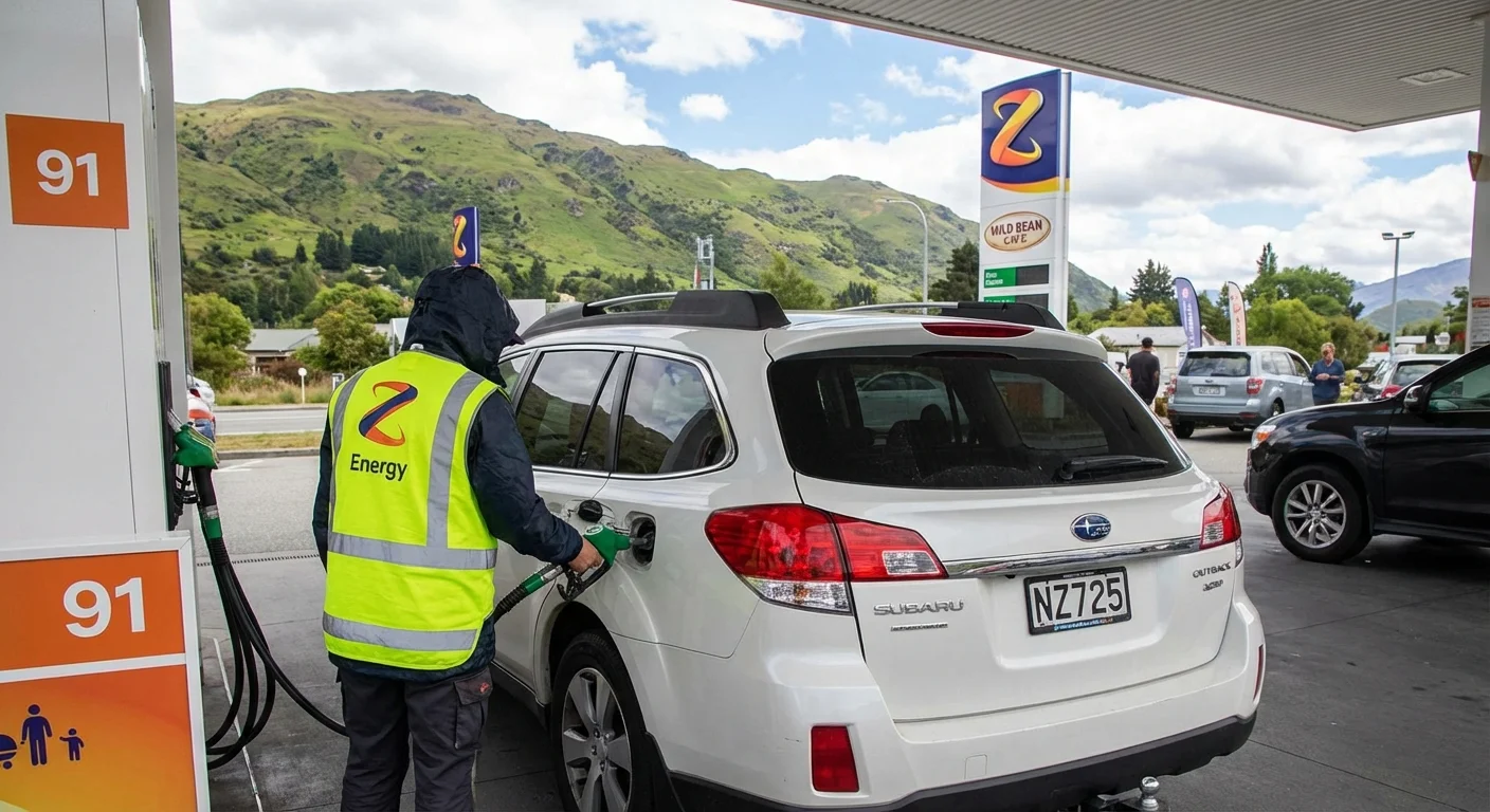 Driver filling petrol at a self-service petrol station in New Zealand