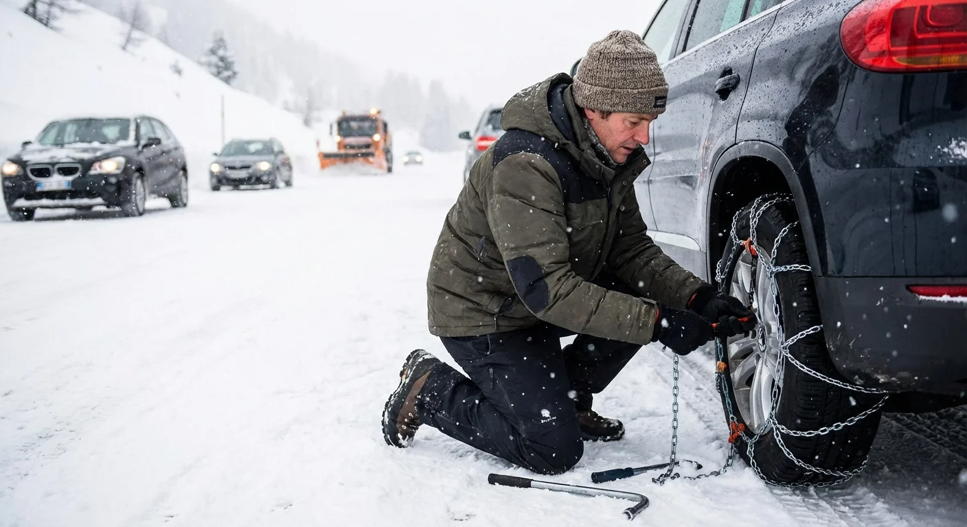 Close-up of snow chains fitted on a car wheel