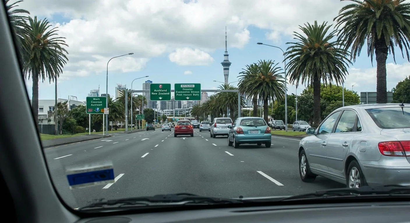 Car driving on the left side of a New Zealand highway with a right-hand steering wheel