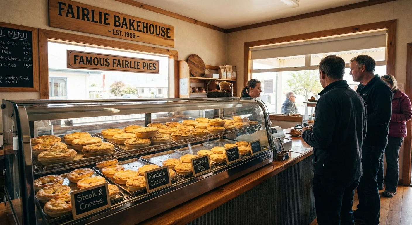 Freshly baked meat pies at Fairlie Bakehouse with rustic interior