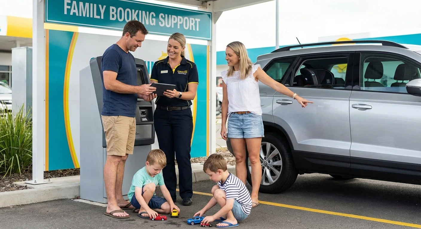 Friendly rental car agents assisting a family at Auckland rental office