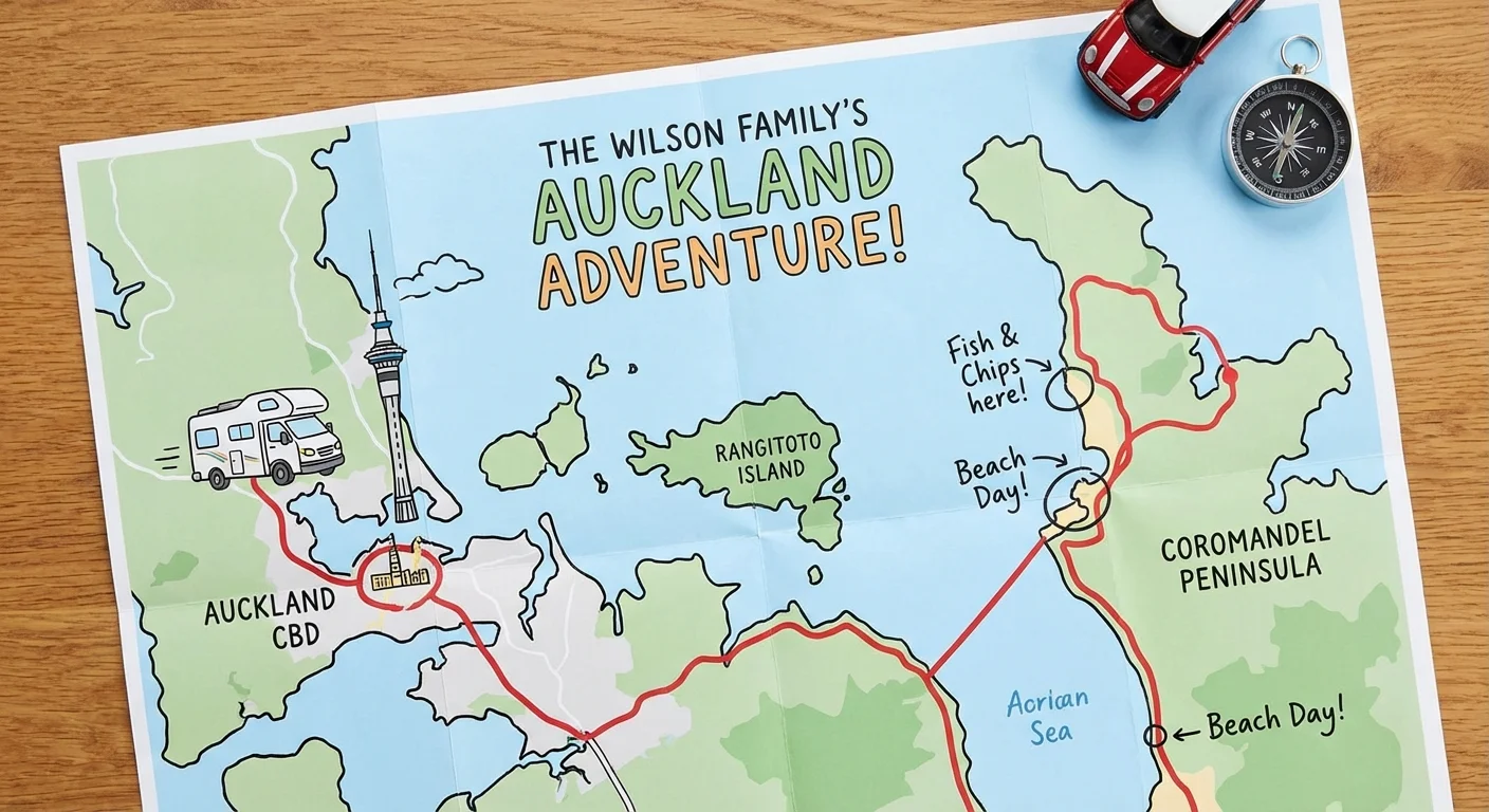 Van driving on scenic New Zealand road with mountains and lakes